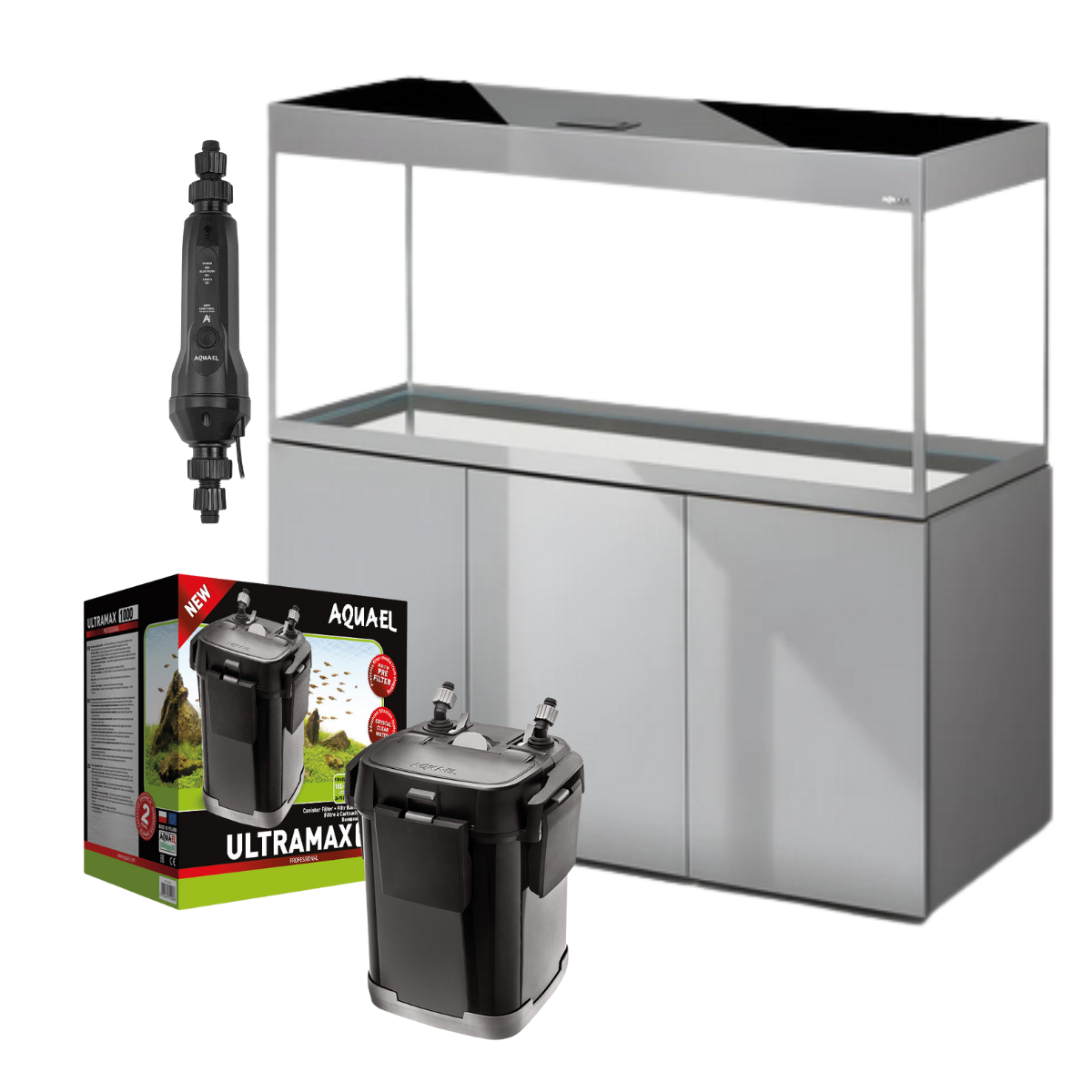 SET Aquael Glossy 120 de 260L GRIS (acuario + mesa + tapa con iluminación + filtro exterior + calentador exterior)