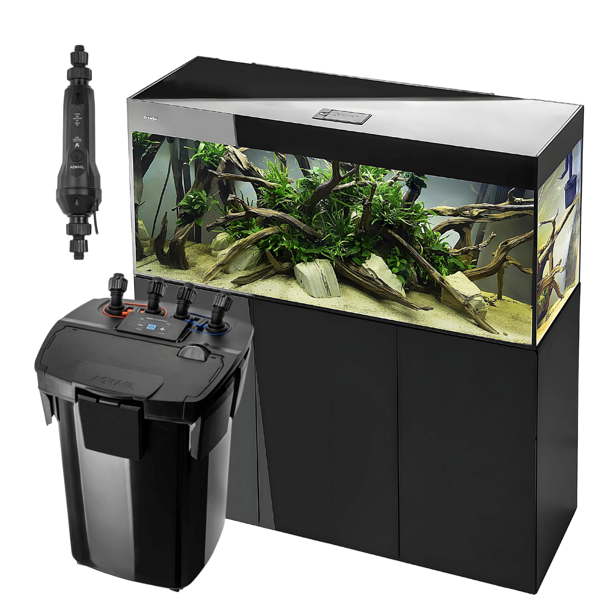 SET Aquael Glossy 150 de 405L NEGRO (acuario + mesa + tapa con iluminación + filtro exterior + calentador exterior)