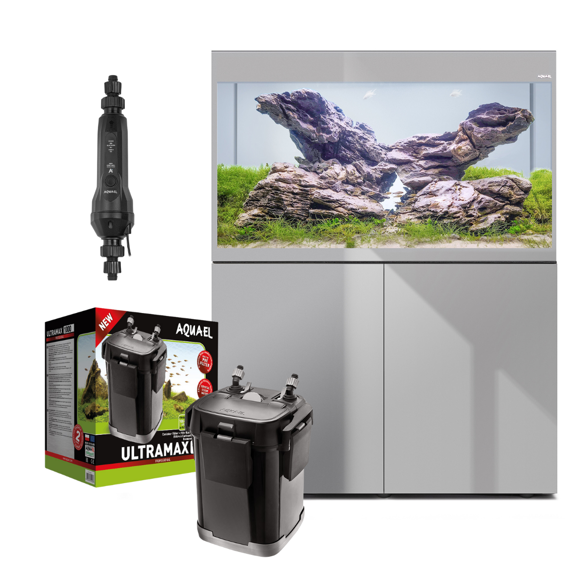 SET Aquael Glossy 100 de 215L GRIS (acuario + mesa + tapa con iluminación + filtro exterior + calentador exterior)