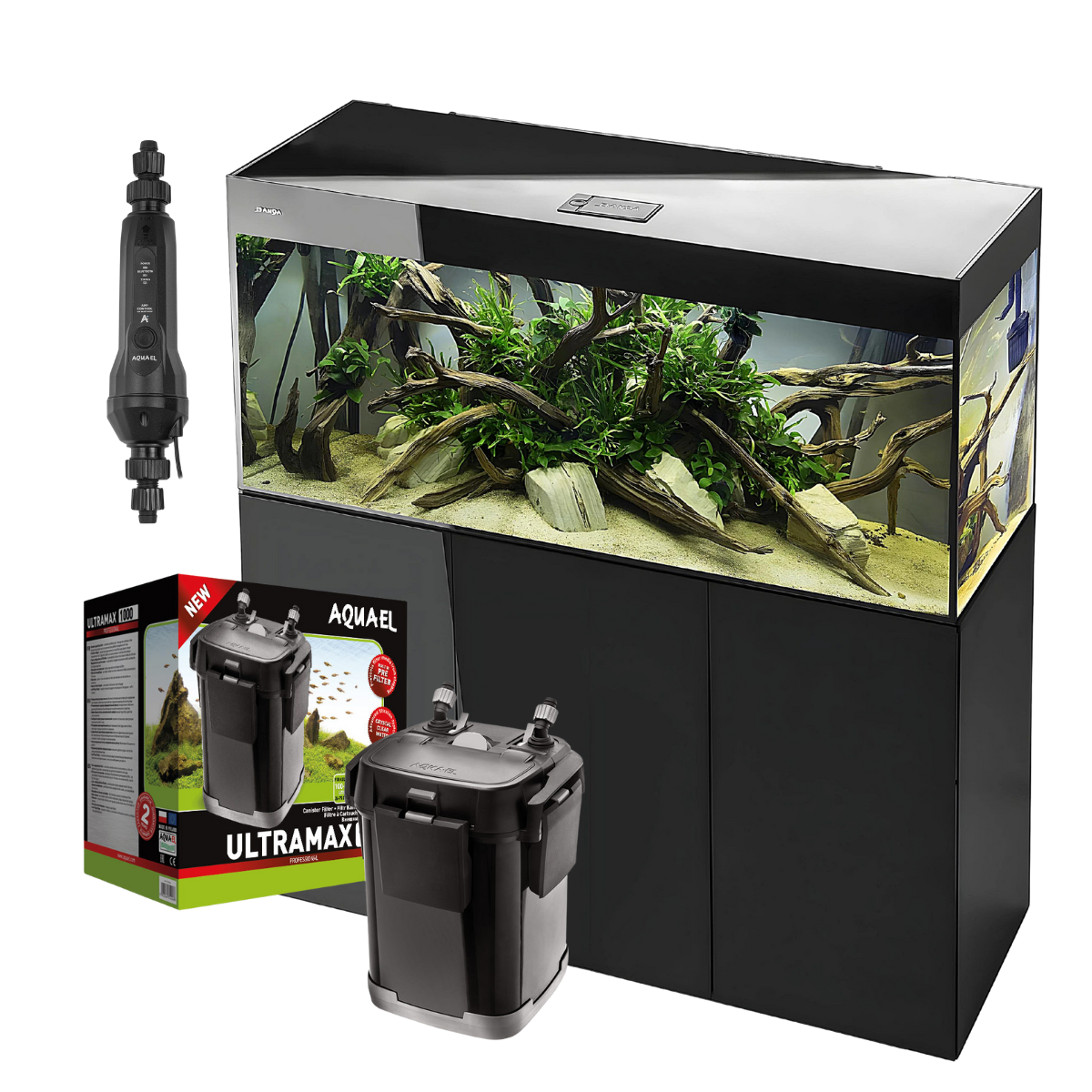 SET Aquael Glossy 120 de 260L NEGRO (acuario + mesa + tapa con iluminación + filtro exterior + calentador exterior)