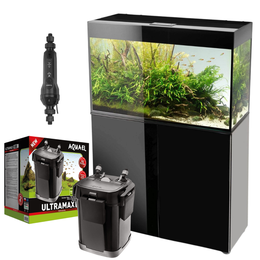 SET Aquael Glossy 80 de 125L NEGRO (acuario + mesa + tapa con iluminación + filtro exterior + calentador exterior)